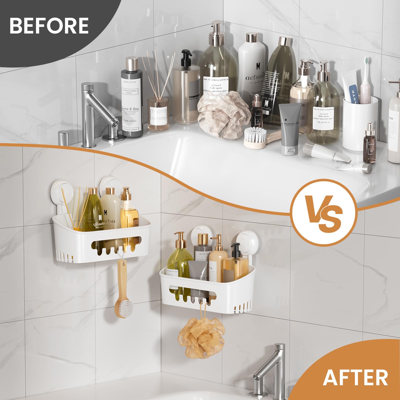 Shower Caddy Suction Cup 2 Pack, Shower Organizer Removable Bathroom Shelf, Storage Suction Powerful Max Hold 22lbs Bathroom Caddy Waterproof Holder, White