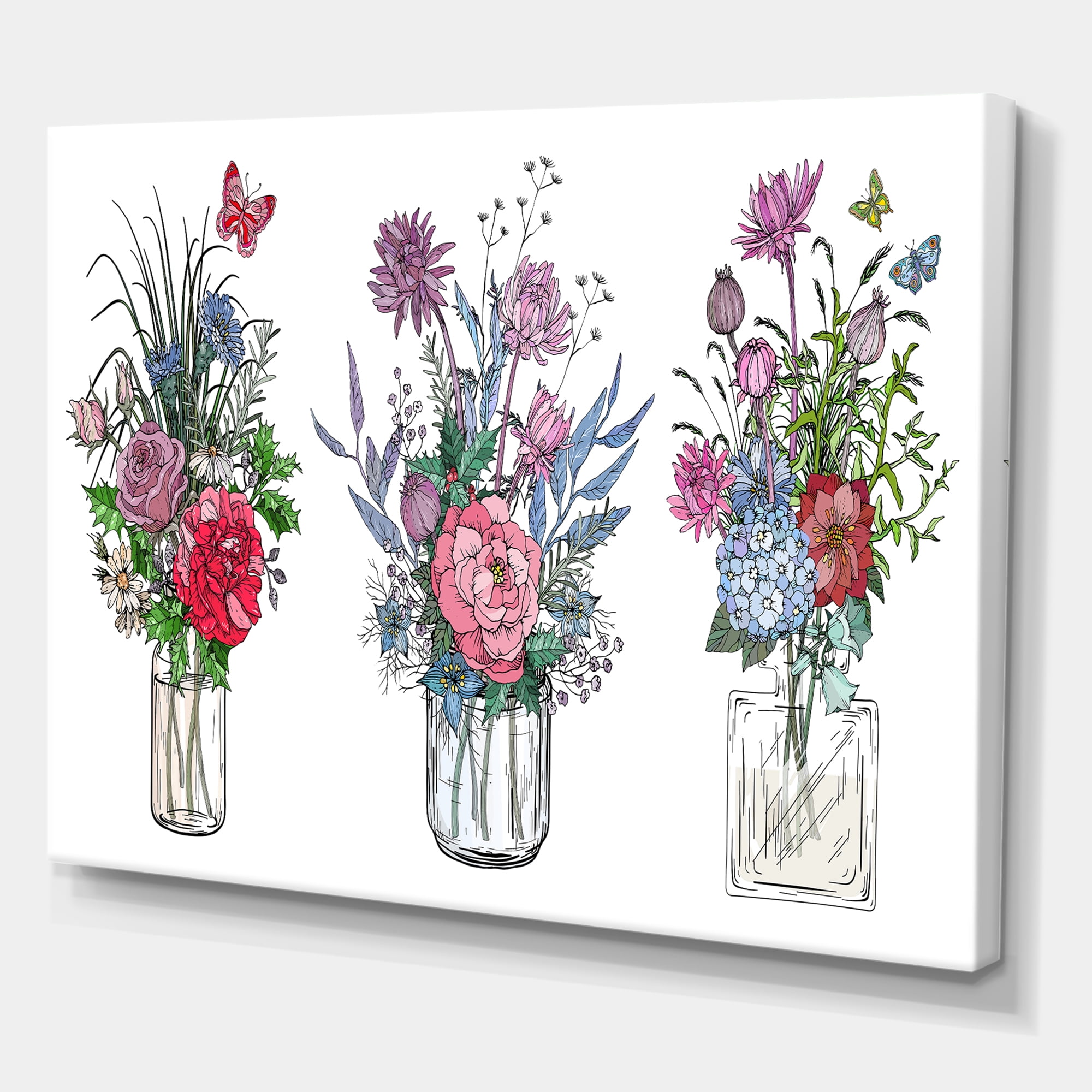 Designart ' Transparent Vases With Bouquets of Wildflowers I ' Farmhouse Canvas Wall Art Print