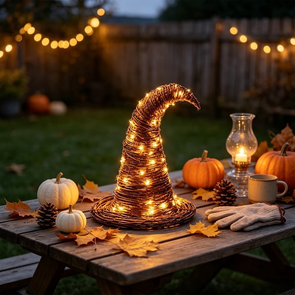 Lighted Rattan Witch Hat Decor, Rusticr Farm Witch Hats Decor with LED Lights, Woven Rustic Wicker Wizard Hat Decoration for Halloween Party Supplie, Halloween Tabletop Decorations