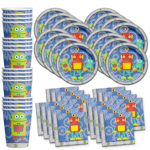 Robot Birthday Party Supplies Set Plates Napkins Cups Tableware Kit for 16