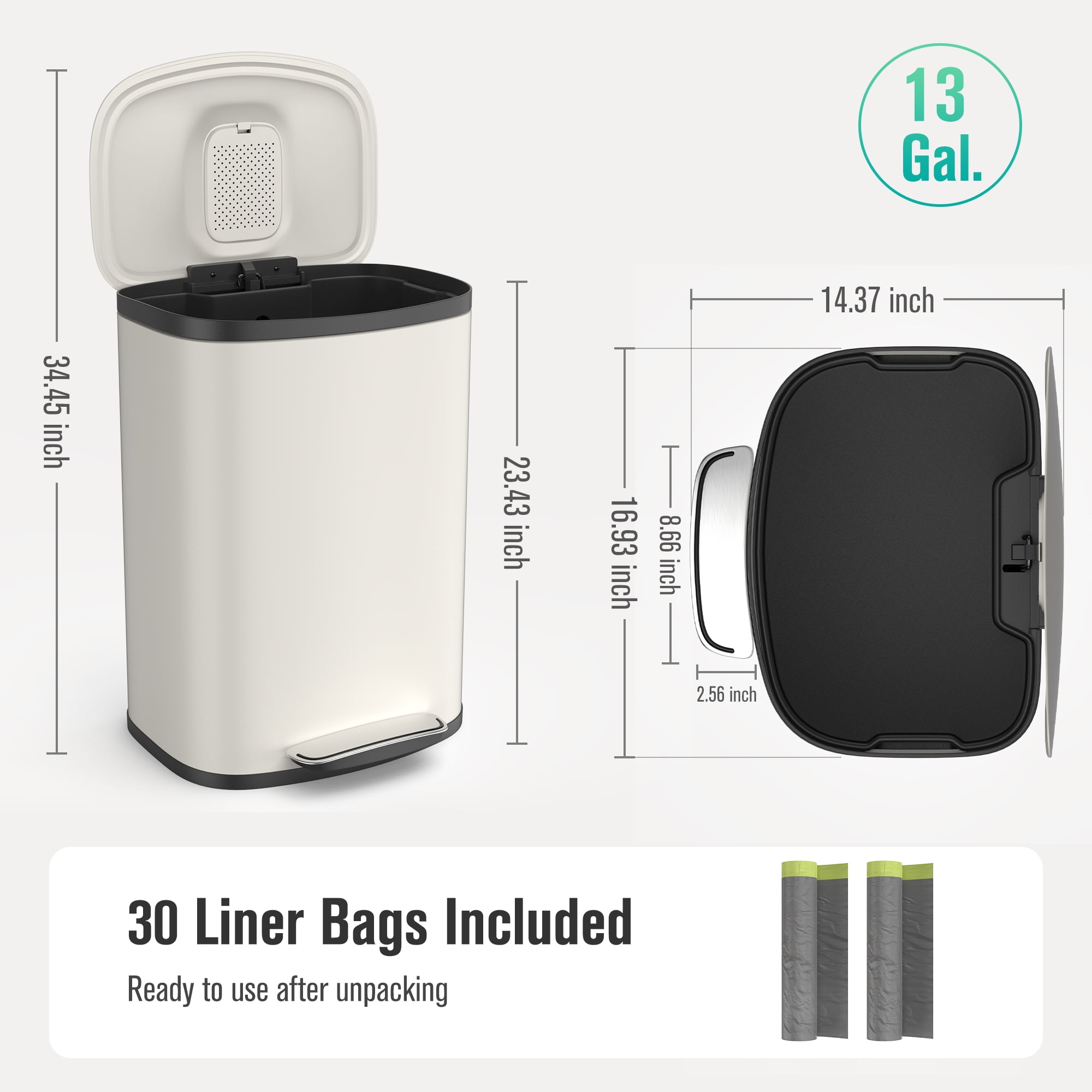 Miniyam 13 Gallon 50L Trash Can, Stainless Steel Foot Pedal Operated Soft Close Trash Can with 30 Garbage Bags for Kitchen, Office, White