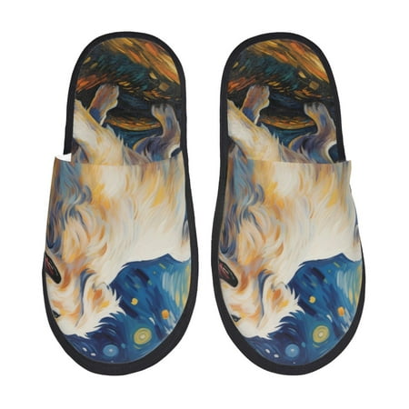 Balery Vintage Starry Sky Labrador Slient Indoor Furry Fleece Comfort House Shoes Soft Non-Slip Home Shoes Cotton slippers House Slippers-- Medium