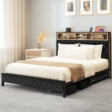 Uforic Queen Size PU Leather Platform Bed, Bed Frame with Storage Headboard, Built-in Charging Station, Black