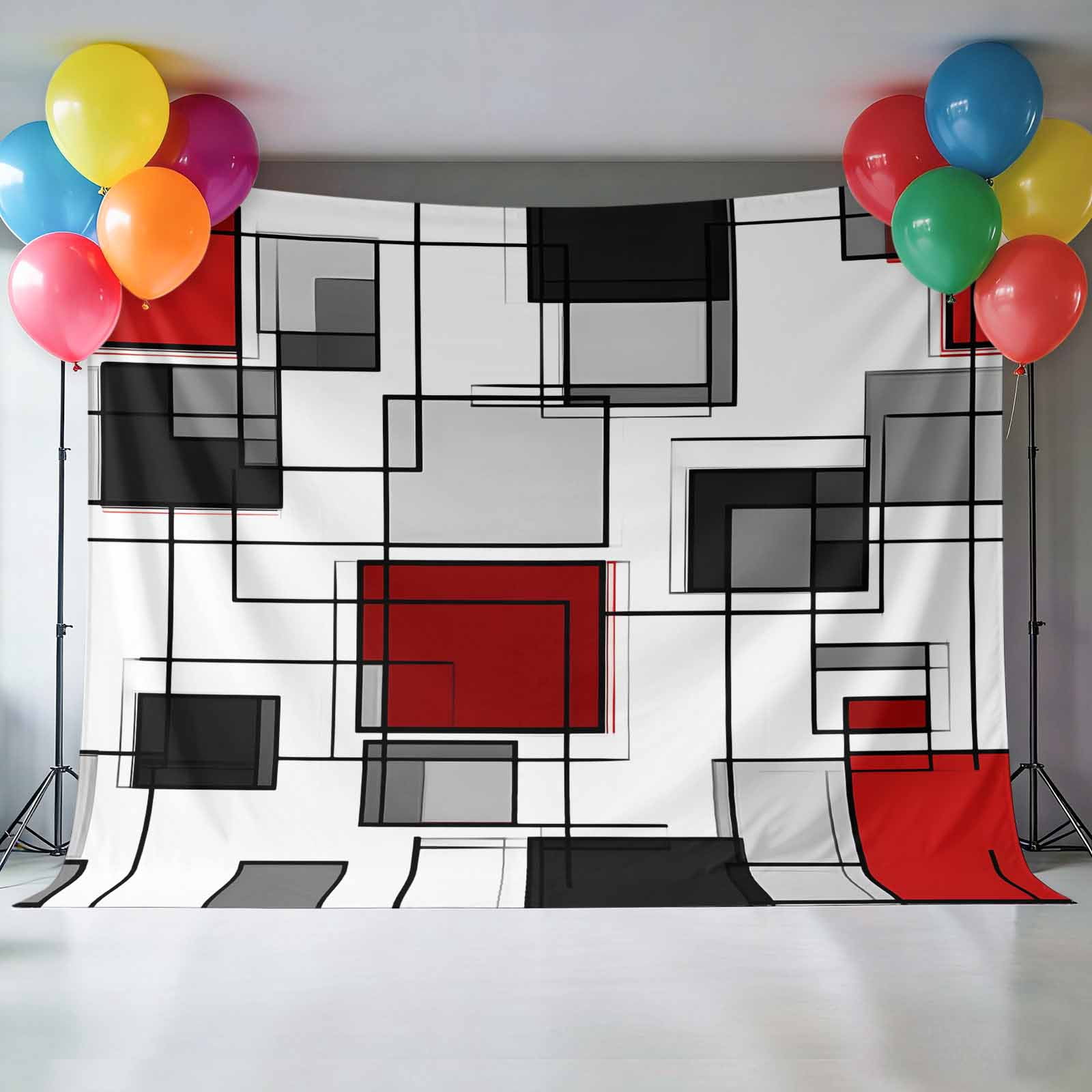 Space Design Sense Backdrop for Photography, Abstract Black Line Red Suqare Stitching Photo Backdrop Portrait Background Party Banner Photo Backgrounds for Studio Booth Props, 7x5ft