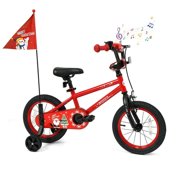 Costway 14" Kids Bicycle with Training Wheels, Handbrake & Coaster Brake, Flag & Music