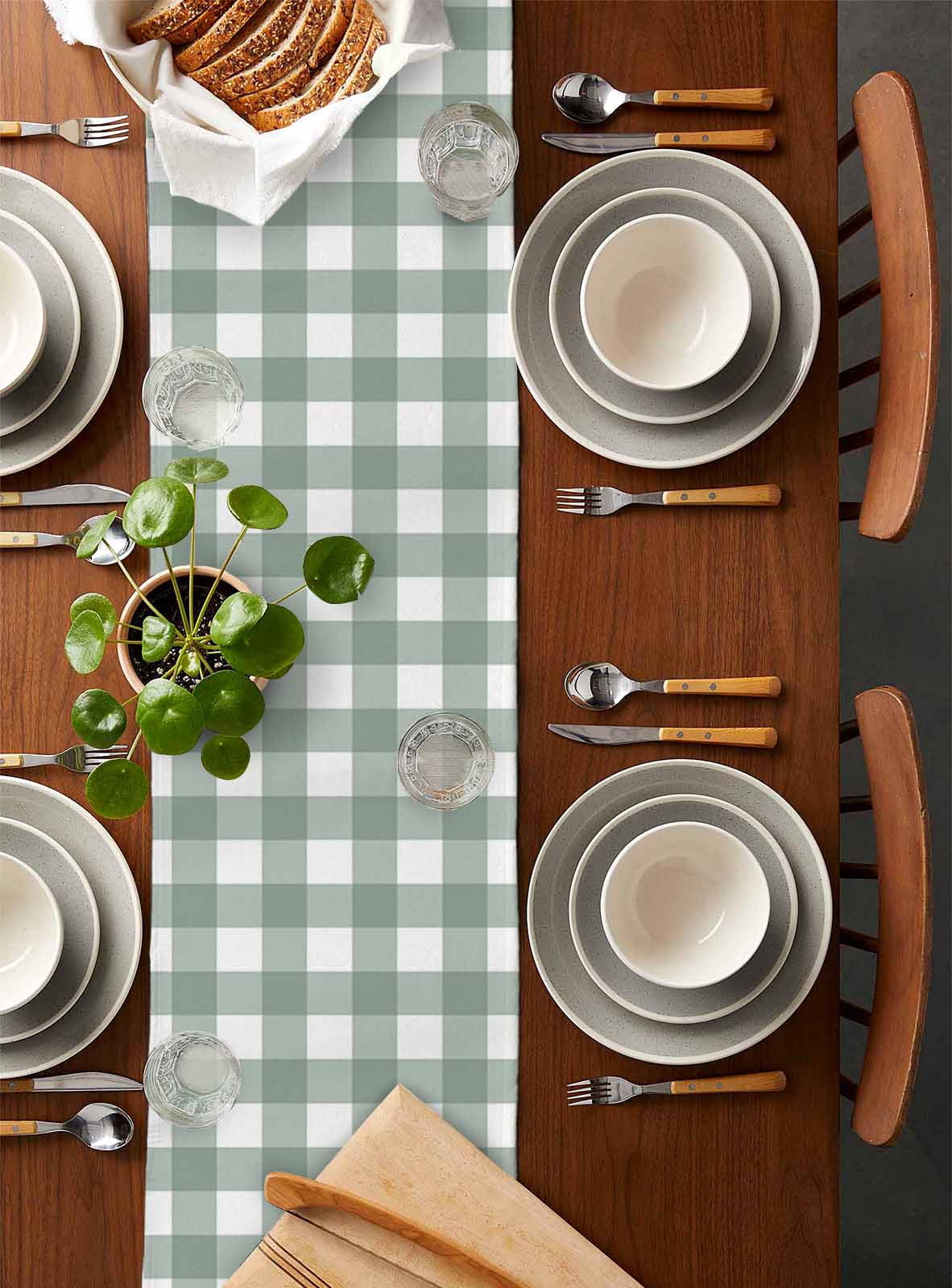 Green Farmhouse Burlap Cotton Table Runner 13x90 Inches Long, Buffalo Plaid Check Lattice White Grid Farmhouse Table Runners, Outdoor Dining Tablecloths Decor for Baby Shower/Party/Wedding