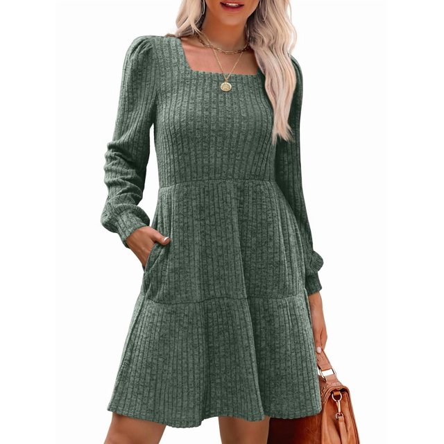 Vestido Estilo Babydoll Informal de Otoño con Cuello Cuadrado y Larga para Mujer. Verde S