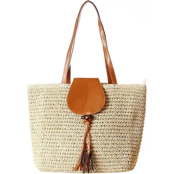 Summer Straw Shoulder Bags for Women Large Woven Tote Purse Casual Beach Vacation Top Handle Handbags with Tassel-beige-