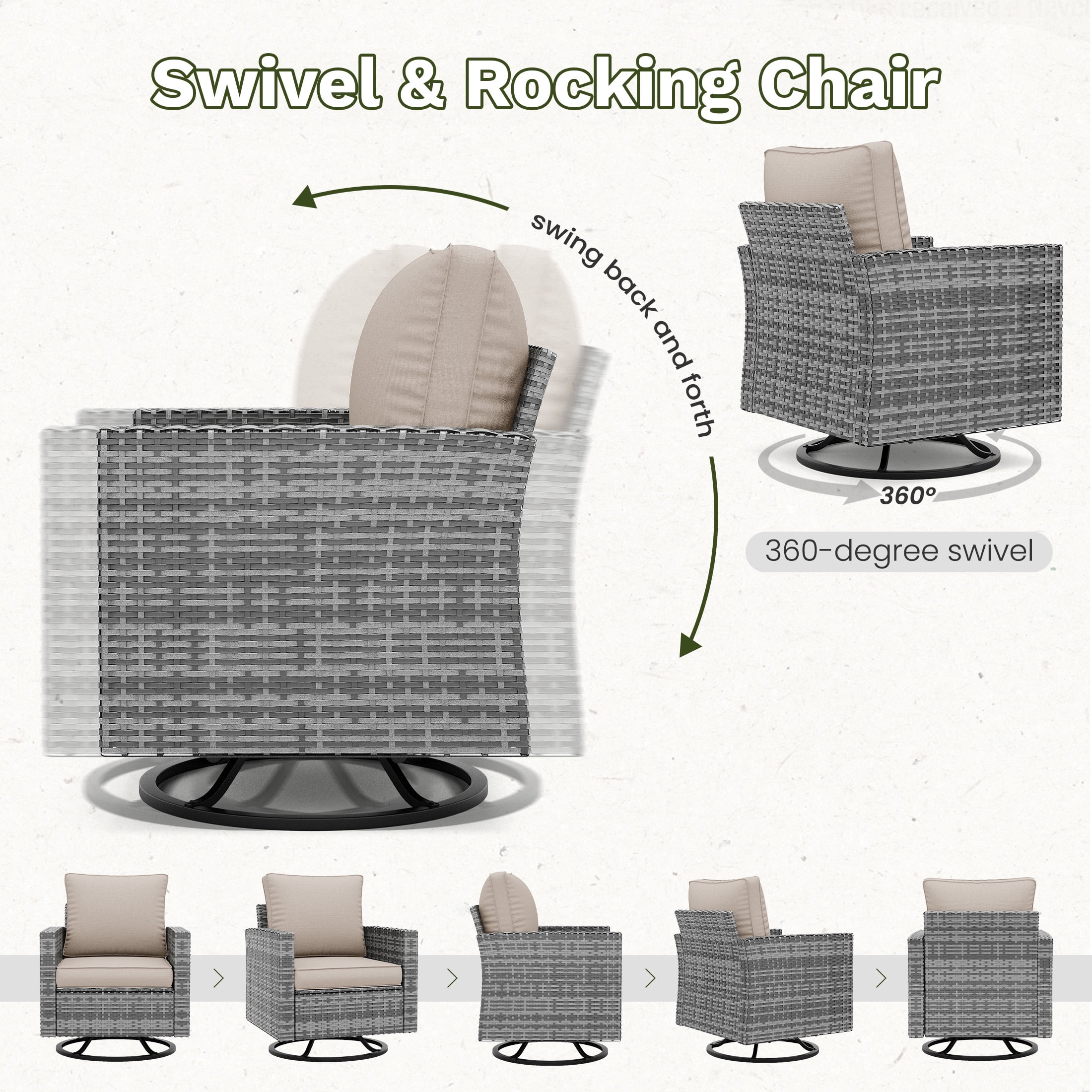 POTEBAN Patio Furniture Set with 44" Fire Pit Table, 9 Pieces Outdoor Sectional Conversation Sets with Swivel Chair & Ottoman for Garden Backyard Deck, Khaki