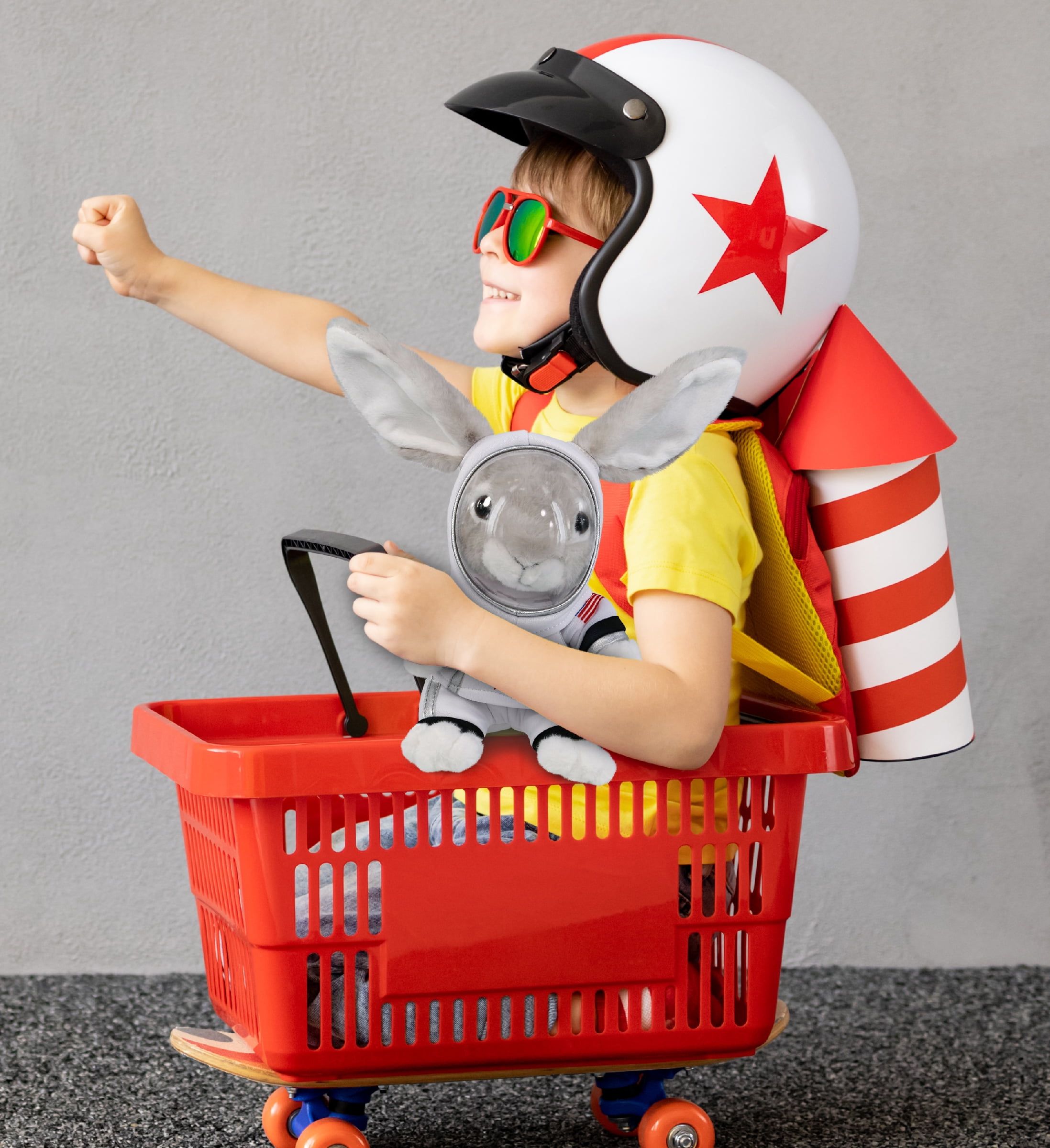 DolliBu Sitting Gray Rabbit Astronaut Plush Toy - Super Soft Farm Life Astronaut Stuffed Animal with Space Helmet and NASA Astronaut Suit, Spaceman Doll Decor for Girls and Boys - 6.5 Inch
