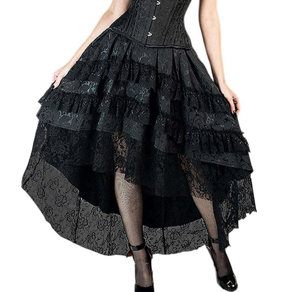 FYEGRE Punk Brocade Maxi Skirt Gothic Dark Academia Lace Detailed Elegant Design Black XL