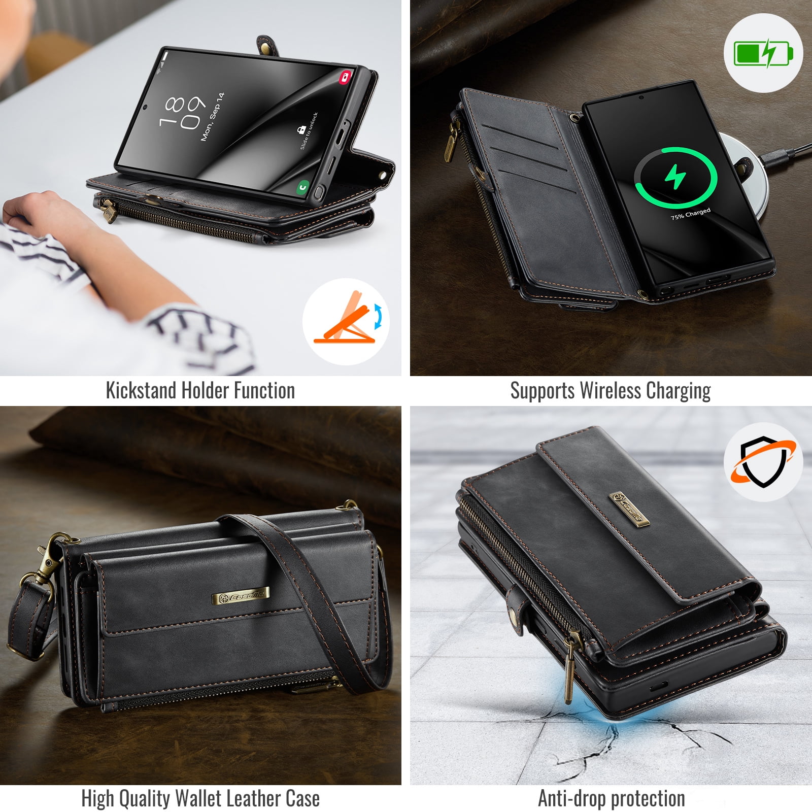 Decase Wallet Case for Samsung Galaxy S25 Ultra,Magnetic Flip Zipper Pocket PU Leather Phone Cover,Crossbody Flip Cover with RFID Card Slots,Black