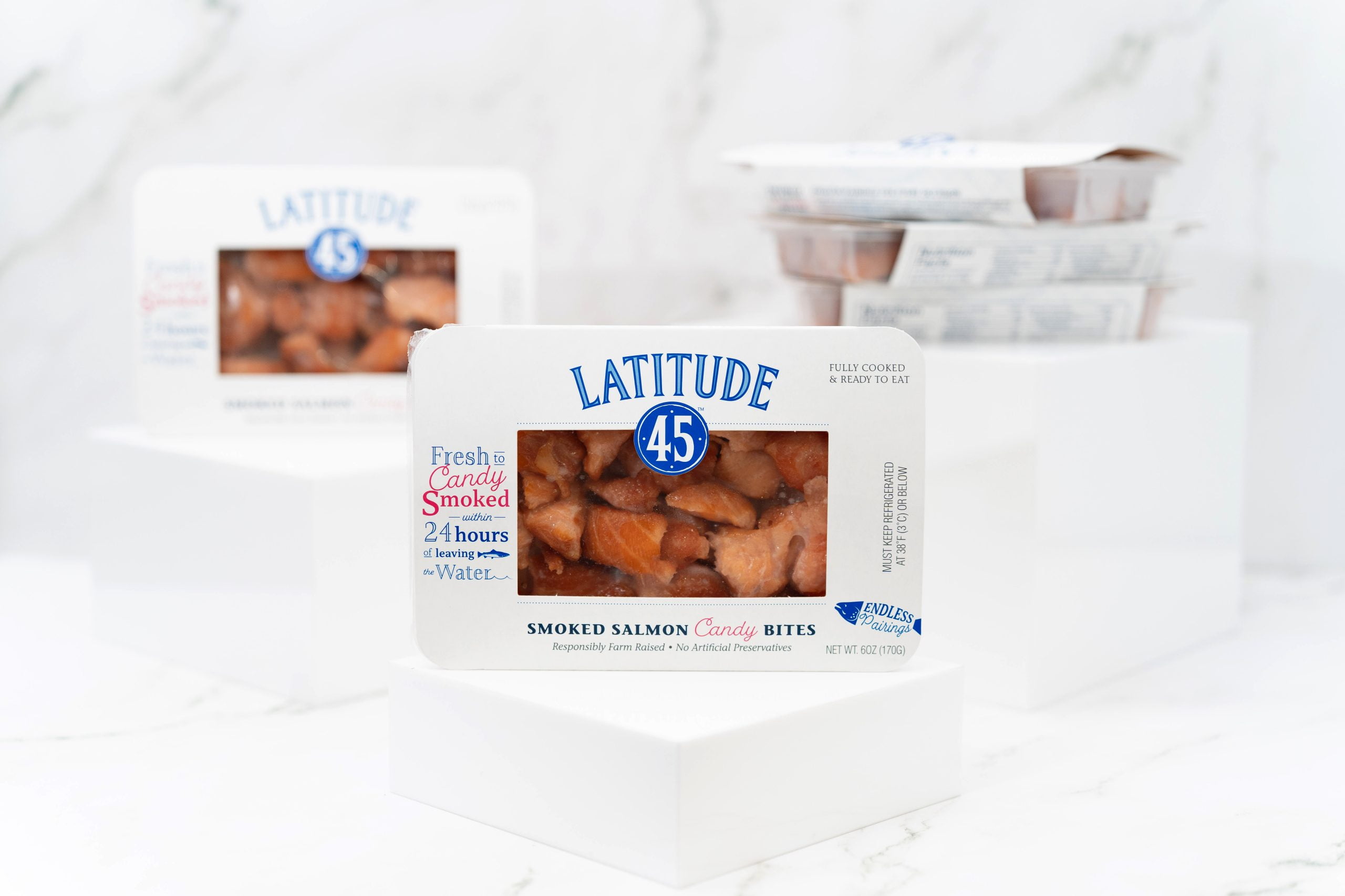 (2 pack) Latitude 45 Smoked Candy Salmon Bites, Ready to Eat Pack, 6oz serving size 2 ounces, 3 servings per container, 12g protein per serving.