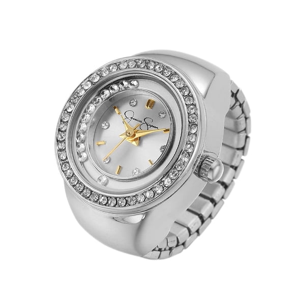 Jessica Simpson Women’s Silver Ring Watch – Adjustable Stretch Band, Crystal Bezel, Quartz Analog Mini Finger Watch