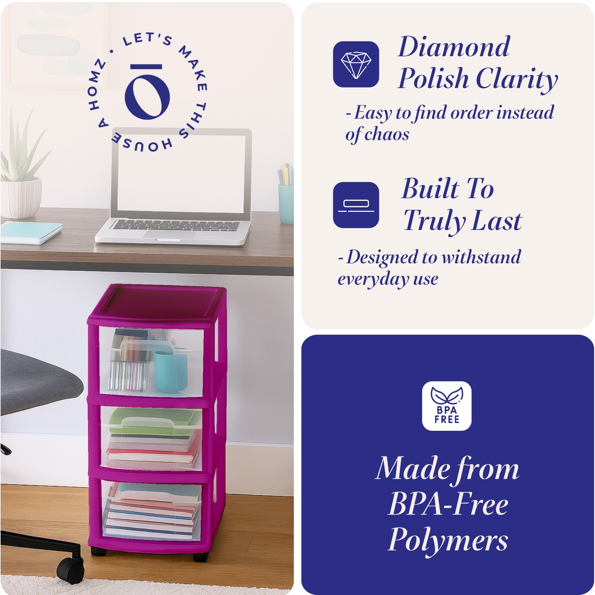 HOMZ 3-Drawer Cart Organizer with Removable Wheels, Medium, Purple Frame