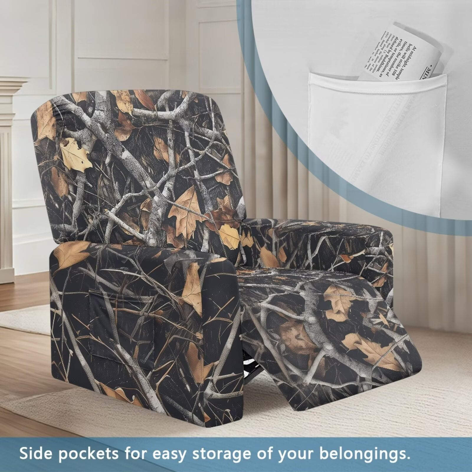 Yuyamidu Camouflage Reclining Chair Covers 4 Pieces Hunting Branch Recliner Sofa Slipcovers with Pocket Replacement Soft Slip Covers for Recliners with Arms Gift for Friends