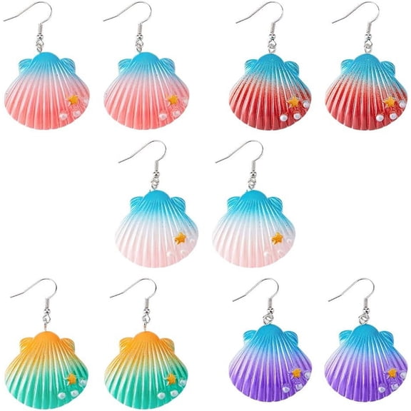 5 Pairs 5 Colors Sea Shell Earrings Ocean Shell Dangle Earrings Colorful Scallop Dangling Earrings Tropical Natural Scallop Boho Earring Summer Beach Jewelry Costume Gifts colorful