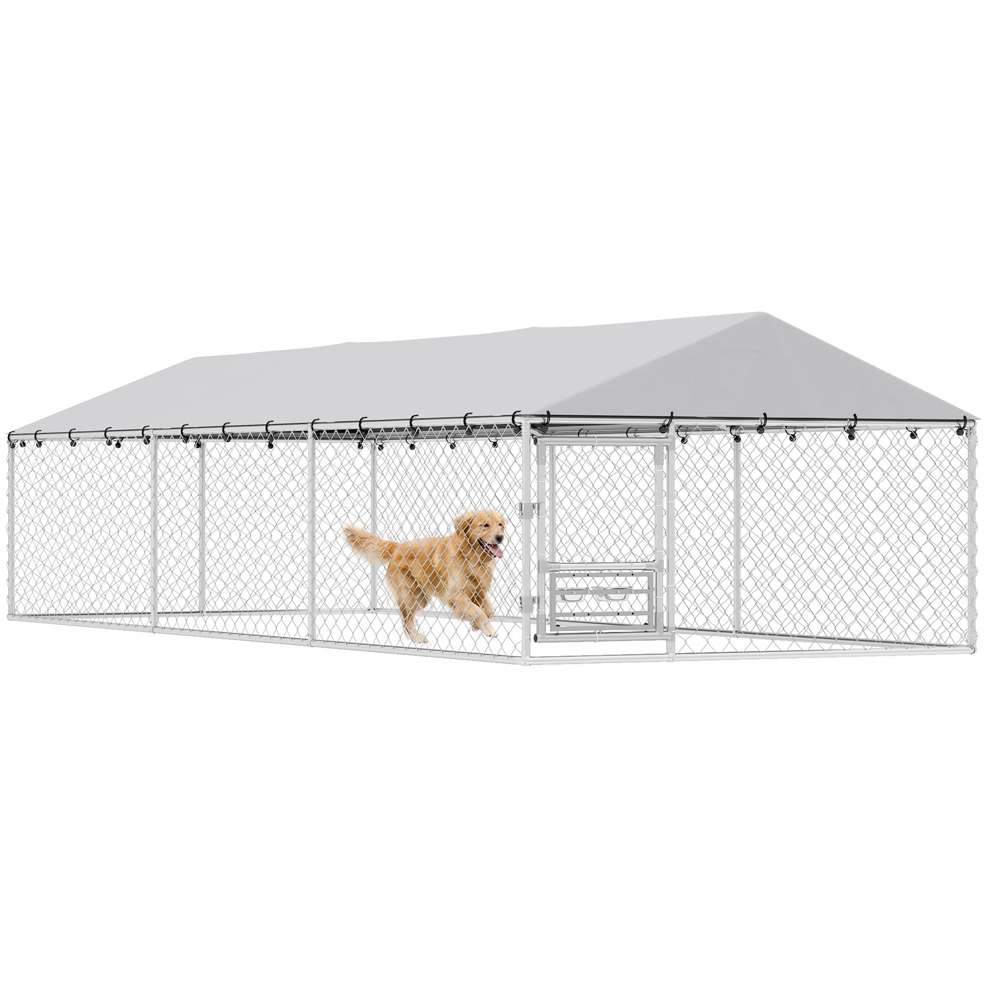PawHut Dog Kennel Outdoor Dog Run with Waterproof UV-Resist Cover, Lockable Door, Adjustable Bowls, 20 x 7.5 x 5ft