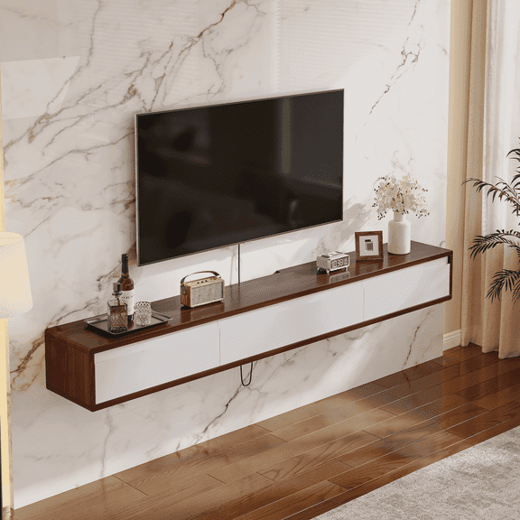FloatiCasa 47-inch Wall-Mounted TV Stand with 3 Doors, Fully Assembled Floating Media Console for TVs up to 50", Walnut & White