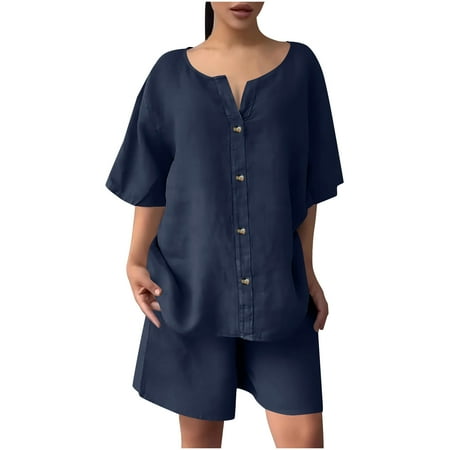 Htigea Summer Outfit Sets for Women Cotton Linen Button Down Short Sleeve Tops and Shorts Matching Loungewear 2 Piece Navy M