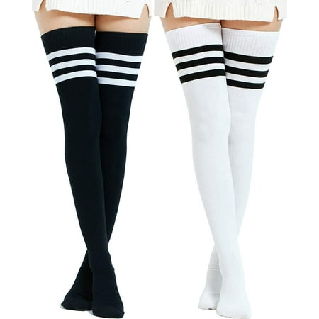 

AIZHIWENG Extra Long Cotton Stripe Thigh High Socks Over the Knee High Plus Size Stockings White