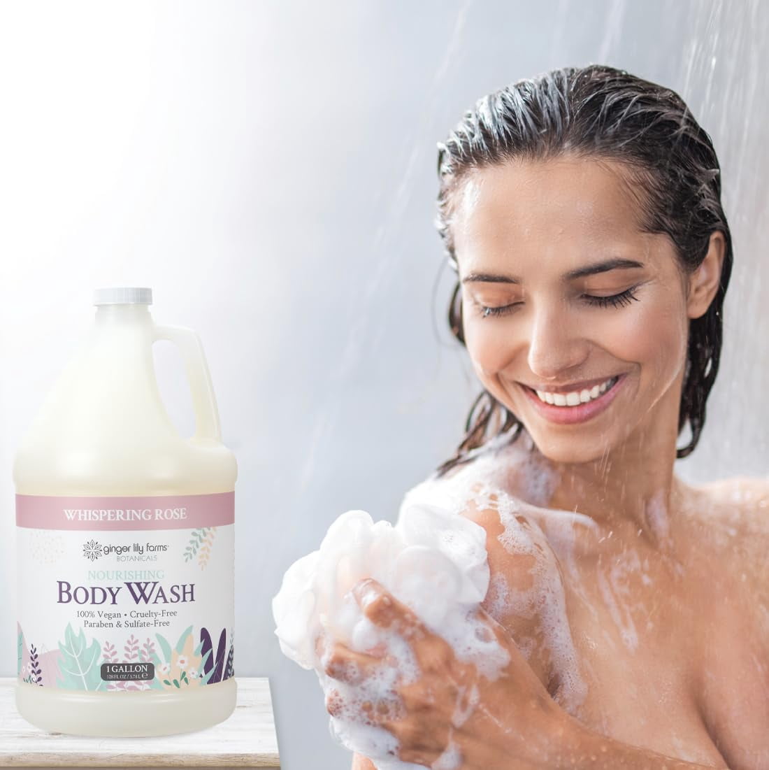 Ginger Lily Farms Botanicals Nourishing Body Wash, 100% Vegan & Cruelty-Free, Whispering Rose Scent, 1 Gallon (128 fl oz) Refill