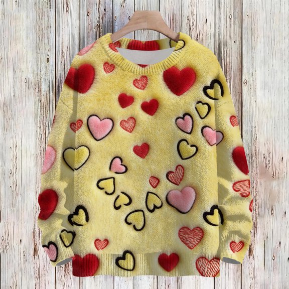Dwralegc Womens Valentines Day Sweater Heart Graphic Plus Size Sweaters Long Sleeve Knitted Casual Valentine Lightweight Sweater Tops Yellow M