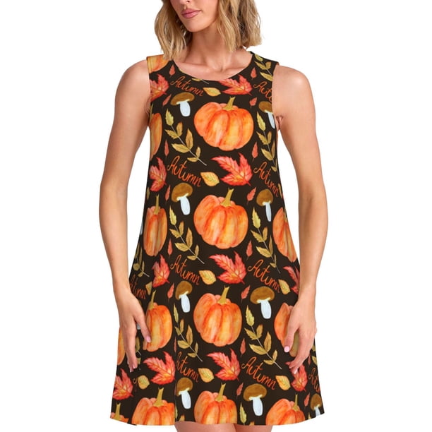 Fotbe Autumn Pumpkin Vestido de Verano sin Mangas para Mujer – Vestido Midi Línea A, Estilo Camiseta Floral, Vestido Playero Casual y Fluido
