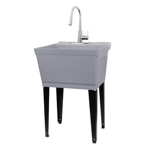 Laundry Sink Utility Tub With High Arc Stainless Steel Pull Down Faucet By JS Jackson Supplies, Heavy Duty Sinks With Installation Kit for Washing Room, Workshop, Basement, Garage, Slop Sink, Grey Tub