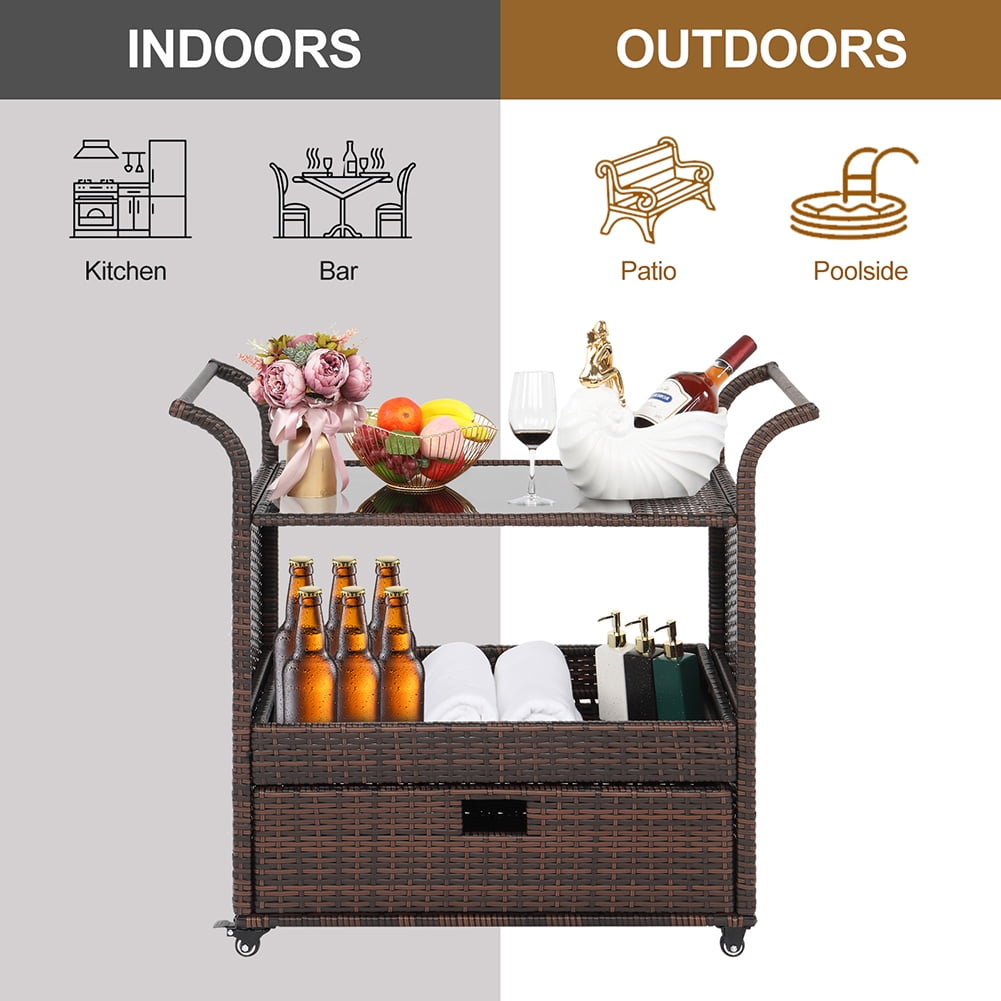Outdoor Rolling Wicker Bar Cart Sideboard On Wheels with Ice Bucket and Storage Compartments Brown Outdoor Rolling Wicker Bar Cart Sideboard On Wheels with Ice Bucket and Storage Compartments Brown