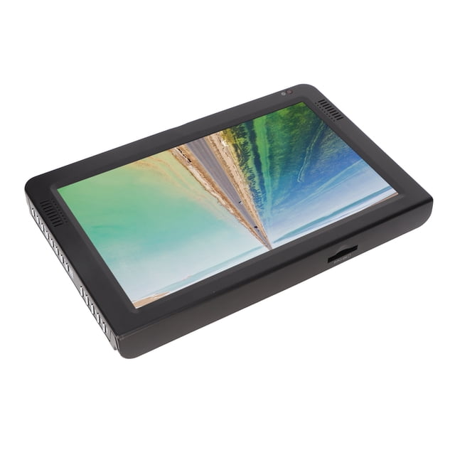 tv digital portátil hd 1080p fácil de usar múltiples puertos tv portátil 1800mah de 10 pulgadas para exteriores Anggrek, vista frontal inclinada con pantalla LED TFT 10 pulgadas (1024x600) mostrando paisaje; carcasa ABS negra, dos altavoces frontales, ranura para tarjeta y puertos visibles (USB, AV, HDMI/VGA, antena), batería Li-ion 1800 mAh recargable; adecuada también como monitor portátil para reproducir MKV/MP4.