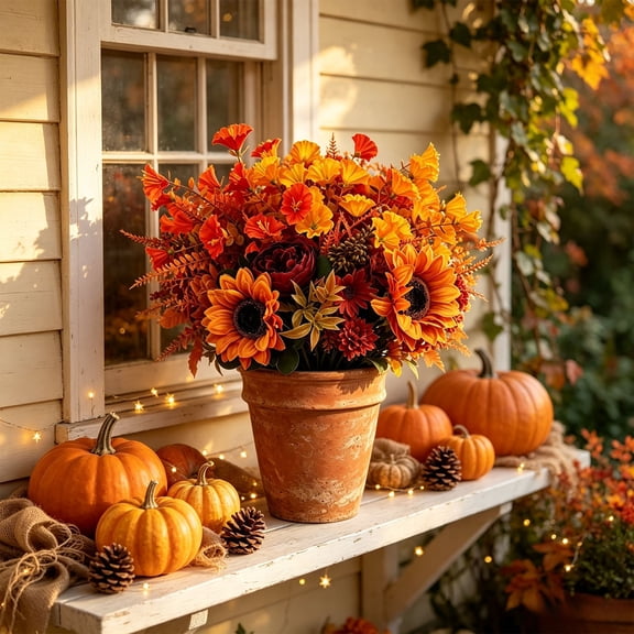 Halloween Pumpkin Floral Arrangement, Artificial Sunflower Fall Bouquet, Autumn Thanksgiving Centerpiece Decor, Harvest Seasonal Accent, Holiday Floral Decoration
