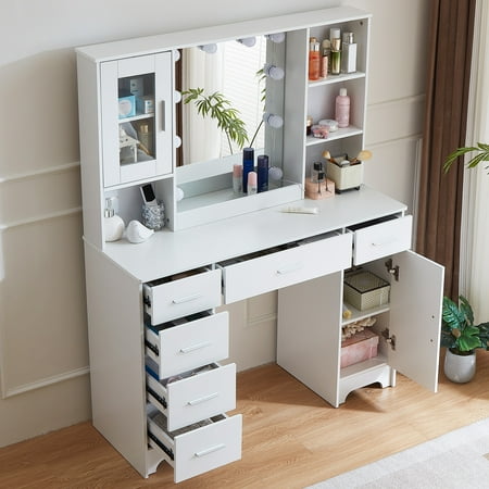 Jarbalai LED Dressing Table Set with 6 Drawers & Shelves White Makeup Vanity Desk for Small Spaces Lighted Mirror Storage Organizer