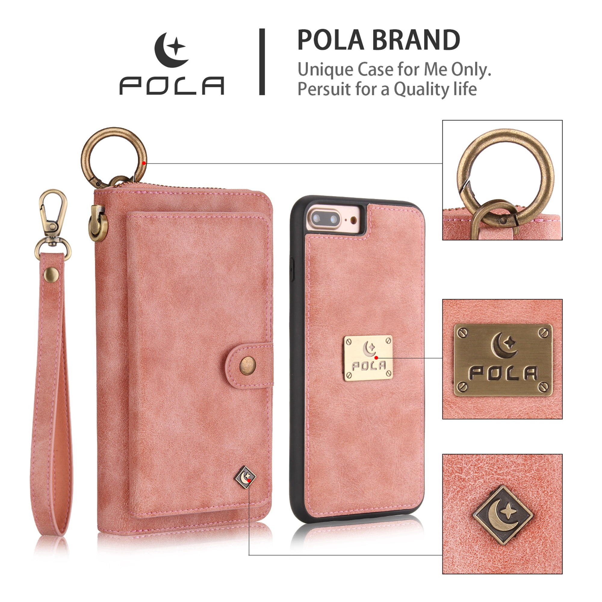 iPhone 8 Plus Wallet Detachable Case, iPhone 7 Plus Case, Dteck [wrist band & metal buckle] [14 Card Slots] Zipper Purse Phone Case Folio Flip PU Leather Removable Magnetic Back Cover, Pink