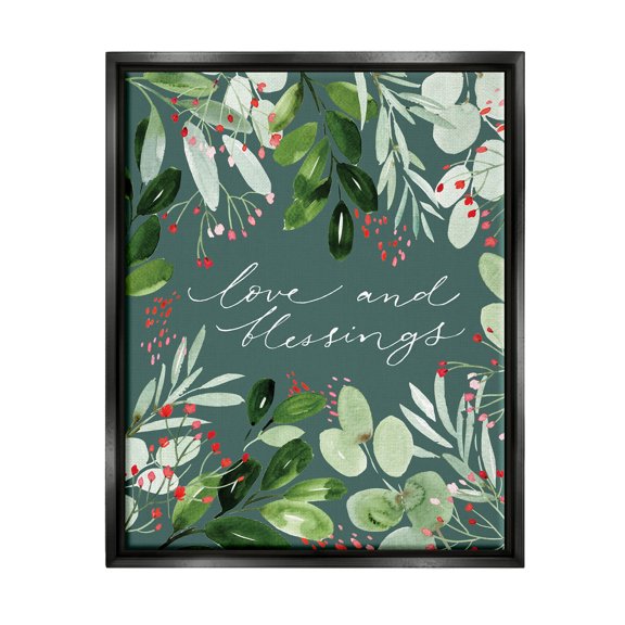 Love & Blessings Green Floral Leaves Holiday Graphic Art Jet Black Framed Art Print Wall Art