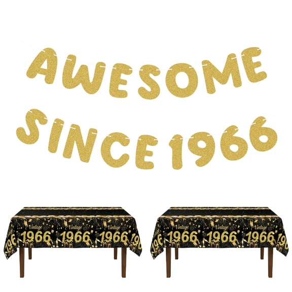 AWESOME SINCE1966 60th Birthday Decor Set – 2 Premium Black & Gold Tablecloth with 2 Glitter Banner, Vintage 60th Anniversary Party Supplies for Men & Women