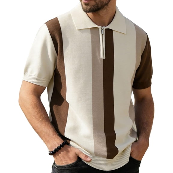Men's Knit Quarter-Zip Polo Shirt, Short Sleeve Vertical Stripe Casual Top, Breathable Textured Knitwear for Smart Casual Style, Everyday Wear & Outings Coffee XXL