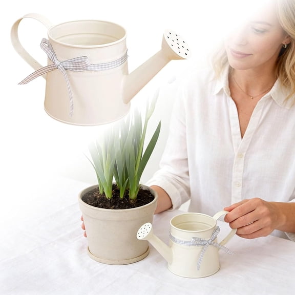 Small Metal Watering Can, Tinplate Garden Irrigation Tool with Ribbon Bow for Indoor Houseplants & Outdoor Flowers(RL Milky White 1 PC)