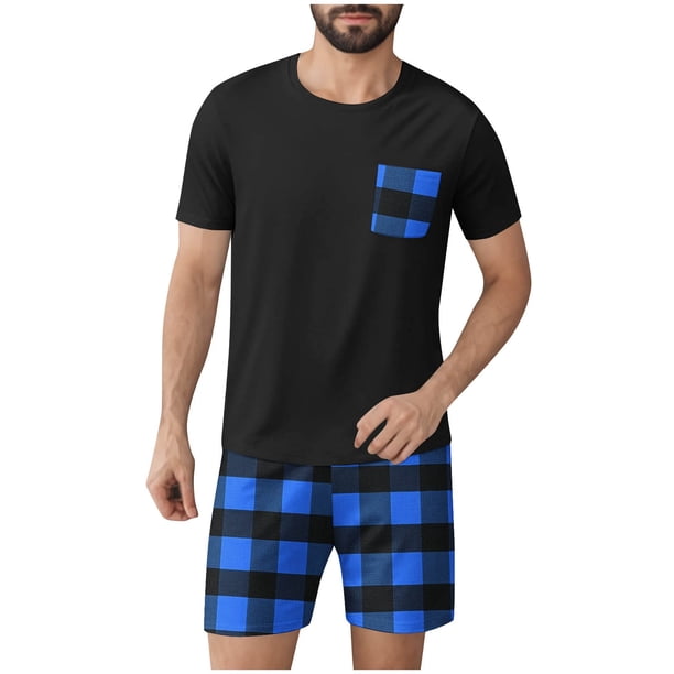 Mangas de Mano para Hombres Plaid Casual Home Sleepwear Manga Corta Cuello Redondo Top Y Pantalones Cortos Set, Algodón Poliéster Sala de Desgaste