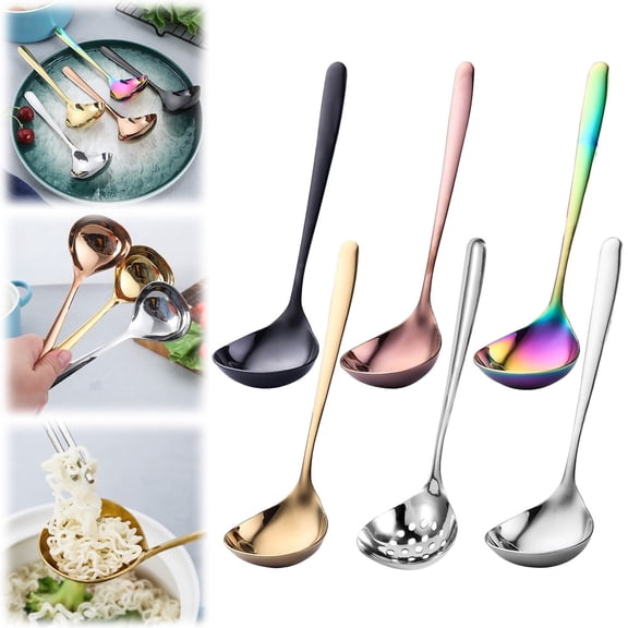 .87-Inch Soup Spoons – 6-Piece Bouillon Spoon Set, Rainbow Stainless Steel Serving Utensils for Buffet, Catering, Banquet, and Dining, Stainless Steel,asian soup spoon