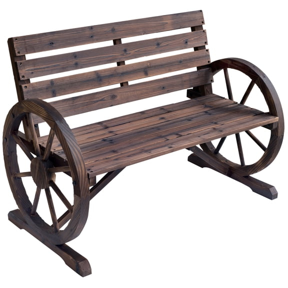 Rustic 2-Person Wagon Wheel Bench 41" Carbonized Wood Weather-Resistant Patio Seat with Backrest