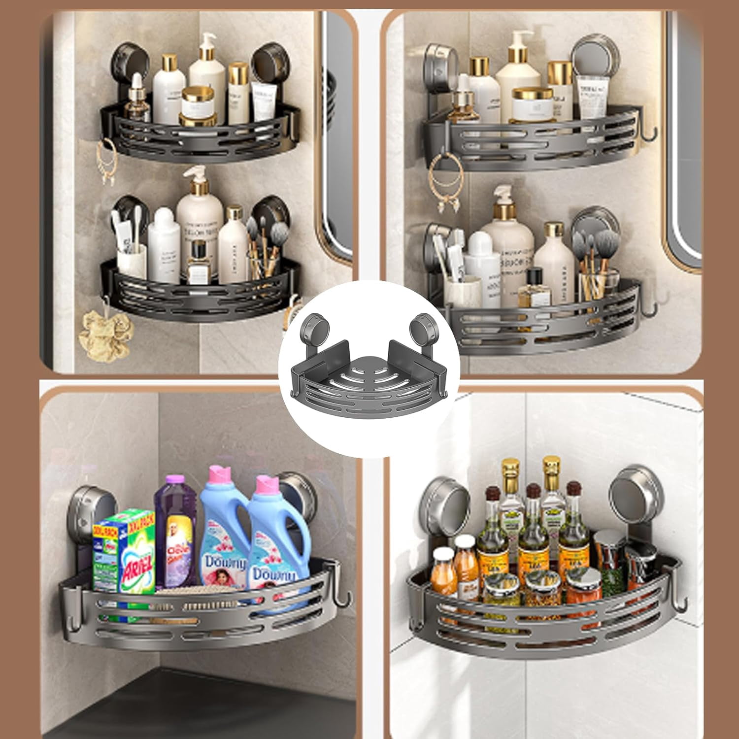 2 Pack Triangle Suction Cup Shower Caddy, Corner No Drill Bathroom Wall Mounted 2 Tier Organizer, Removable Heavy-Duty Strong Hold Bath Organizer Shelves, for Bathroom Hanging Storage (Black,2Pc)
