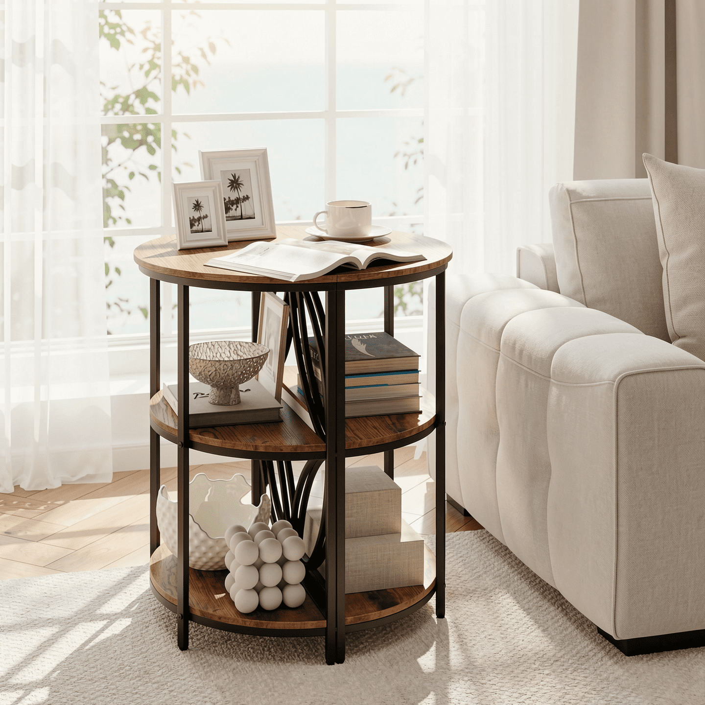 Furnibear 3-Tier Half Round End Table with Sturdy Metal Frame for Living Room, Rustic Brown