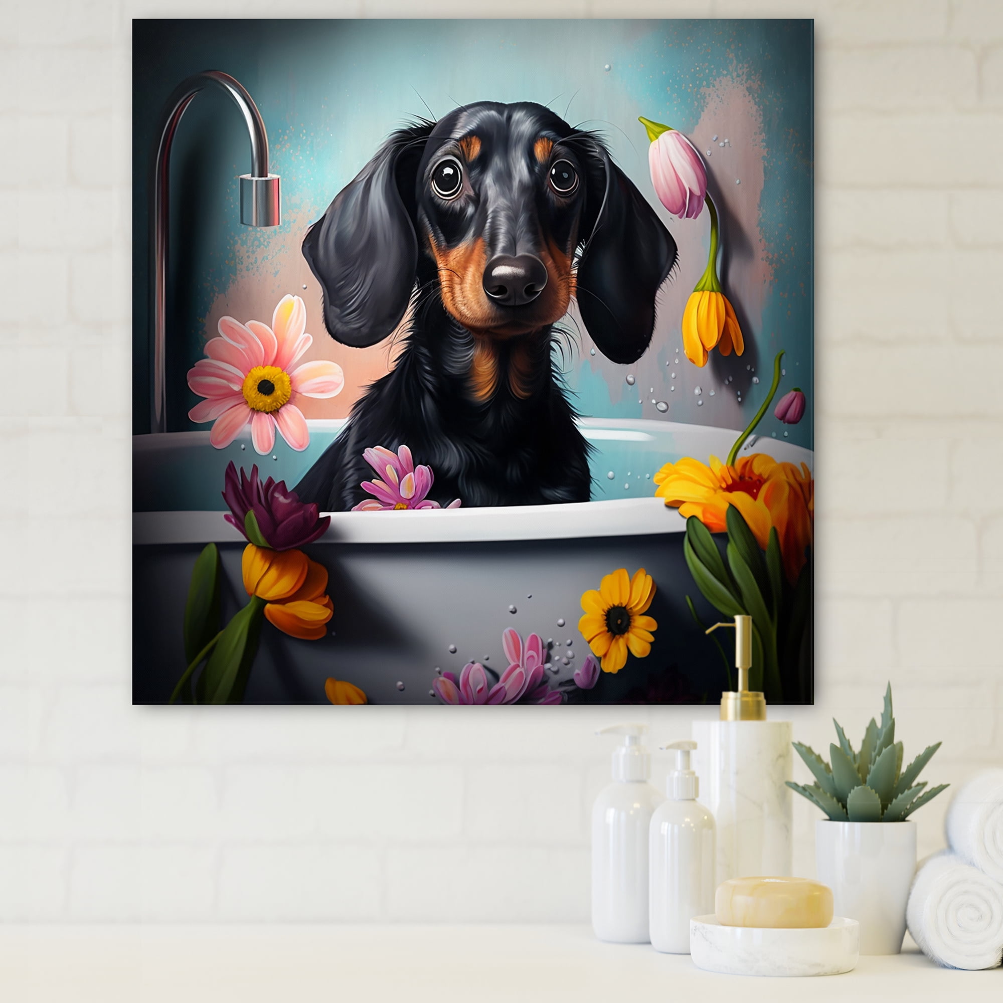 Designart Funny Dog In The Bath With Blooming Flowers II Canvas Wall Art