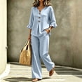 thumbnail image 5 of LEKWK Vacation Outfits for Women Plaid 2 Piece Lounge Set Ruffle 3/4 Sleeve Button Front Top and Wide Leg Pants Matching Outfits Home Sleepwear, 5 of 7