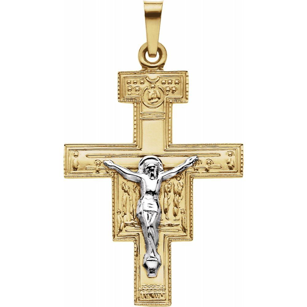 Bonyak Jewelry 18 Inch Hamilton Gold Plated Necklace w/ 4mm White April Birth Month Stone Beads and San Damiano Crucifix Charm