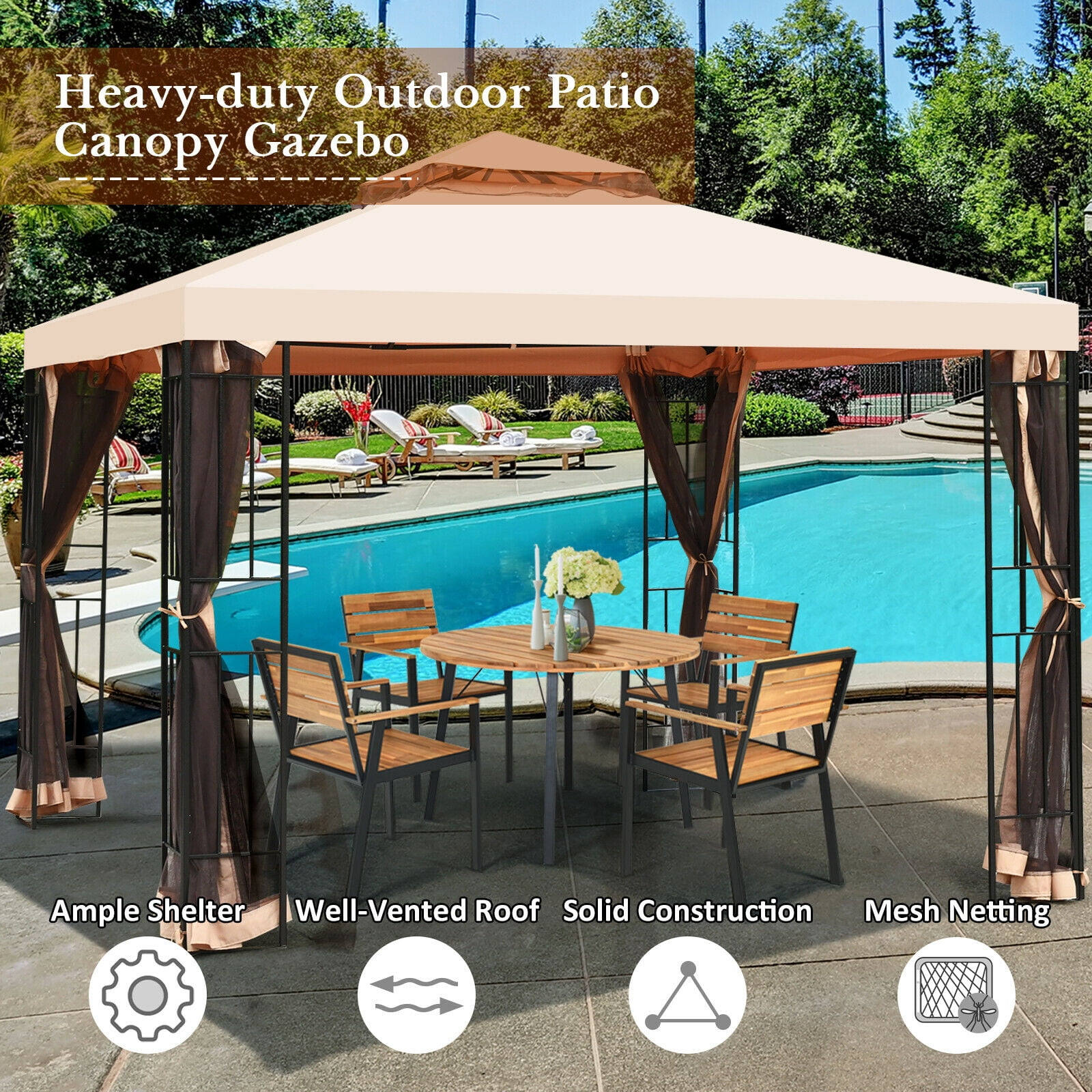 LAUSAINT HOME Patio Gazebo 10'x10',Heavy Duty Gazebos Shelter Party Tent with Double Roofs, Mosquito Nettings for Backyard, Garden, Lawn,(Khaki)