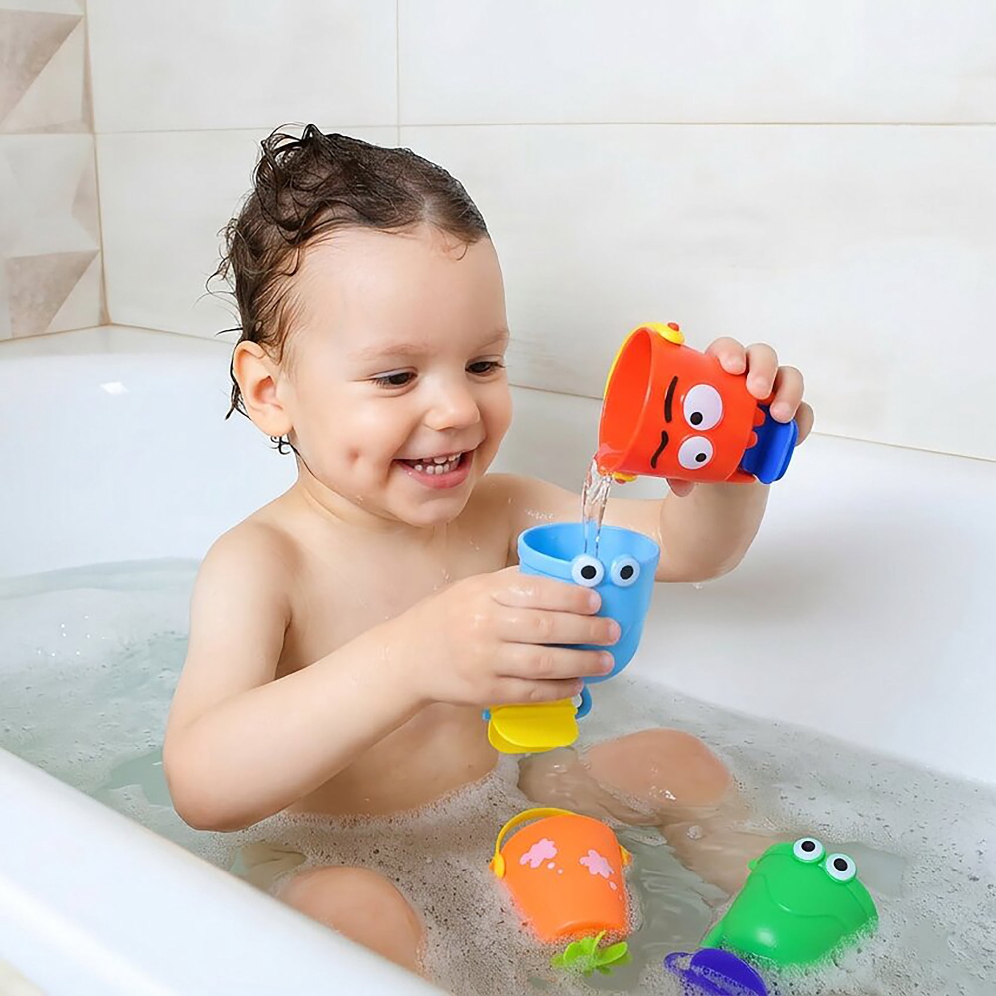Buddy & Barney: Bath Time - Pour 'n Splash - 4 Colorful Character Water Bucket Toys, Pour-Tip-Spin, Interactive Sensory Exploration Tub Play, Kids 3+