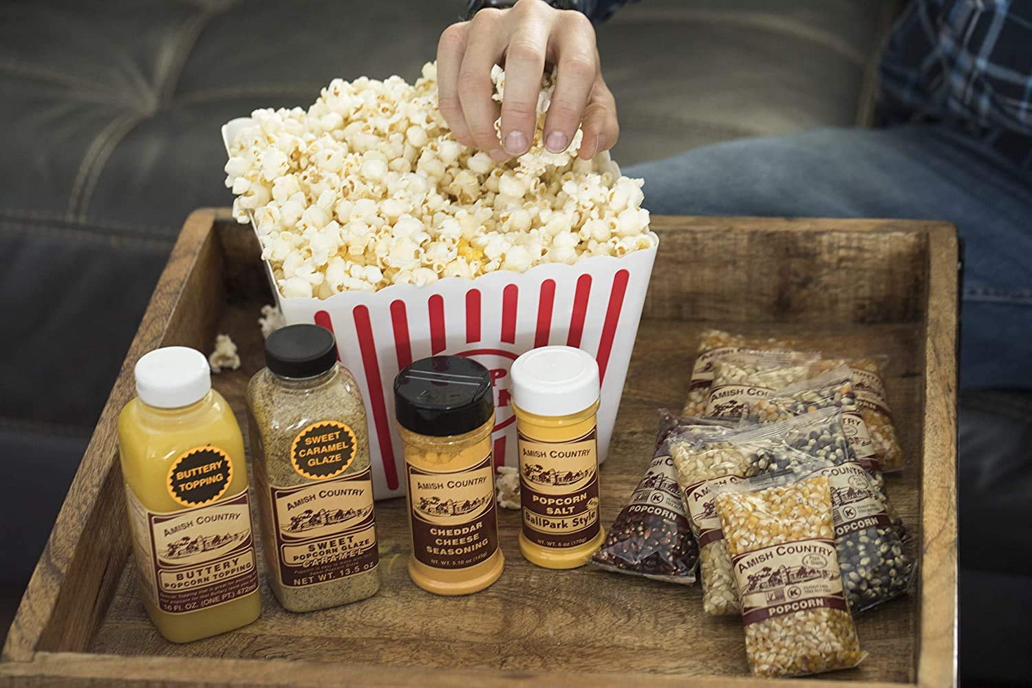 Amish Country Popcorn | 8 Bag - 4 Ounce Variety Gift Set with Buttery Topping, Sweet Caramel Glaze, Ballpark Salt & Cheddar Cheese Seasoning | Old Fashioned, Non-GMO and Gluten Free