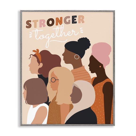 Stupell Industries Contemporary Stronger Together Inclusive Phrase Group of Women Gray Framed Giclee Art, 24 x 30, by Angela Nickeas